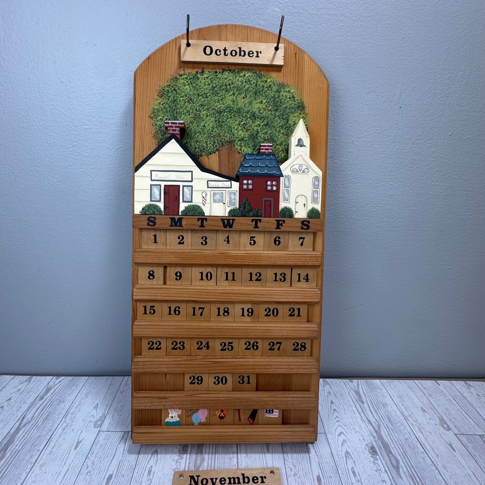 Wooden Perpetual Calendar Hand Painted Country Village Folk Art Wall Hanging